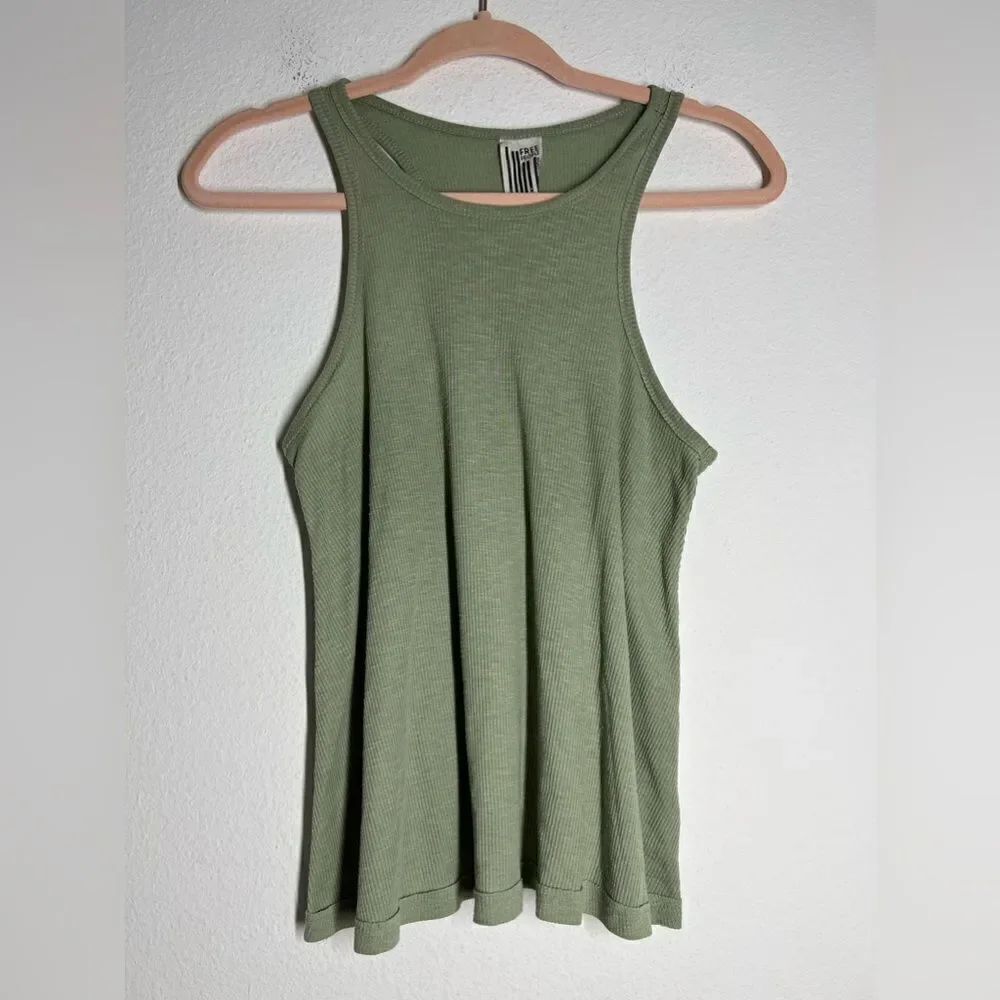 Free People S Long Beach Tank Top Olive Green Ribbed Sleeveless Crew Neck